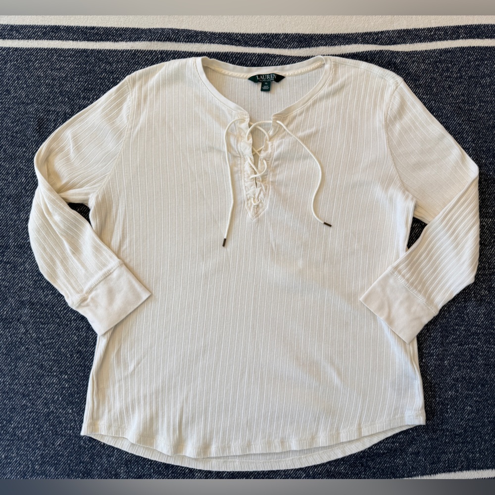 Ralph Lauren Lace Up Shirt Cream Womens Long Sleeve Cottage XL (fits small)